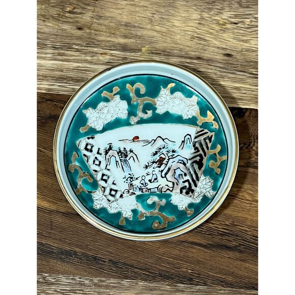 Vintage Hand Painted Imari Japan Lidded Yunomi Tea Cup & Saucer Turquoise Gold - Picture 6 of 9